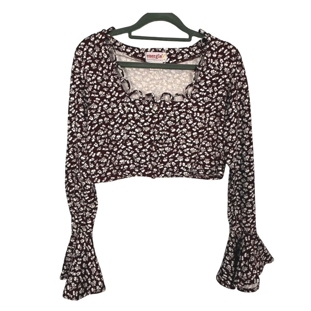 Energie Y2K Floral Crop Top Plum Bell Sleeve Cotton Blouse Size S